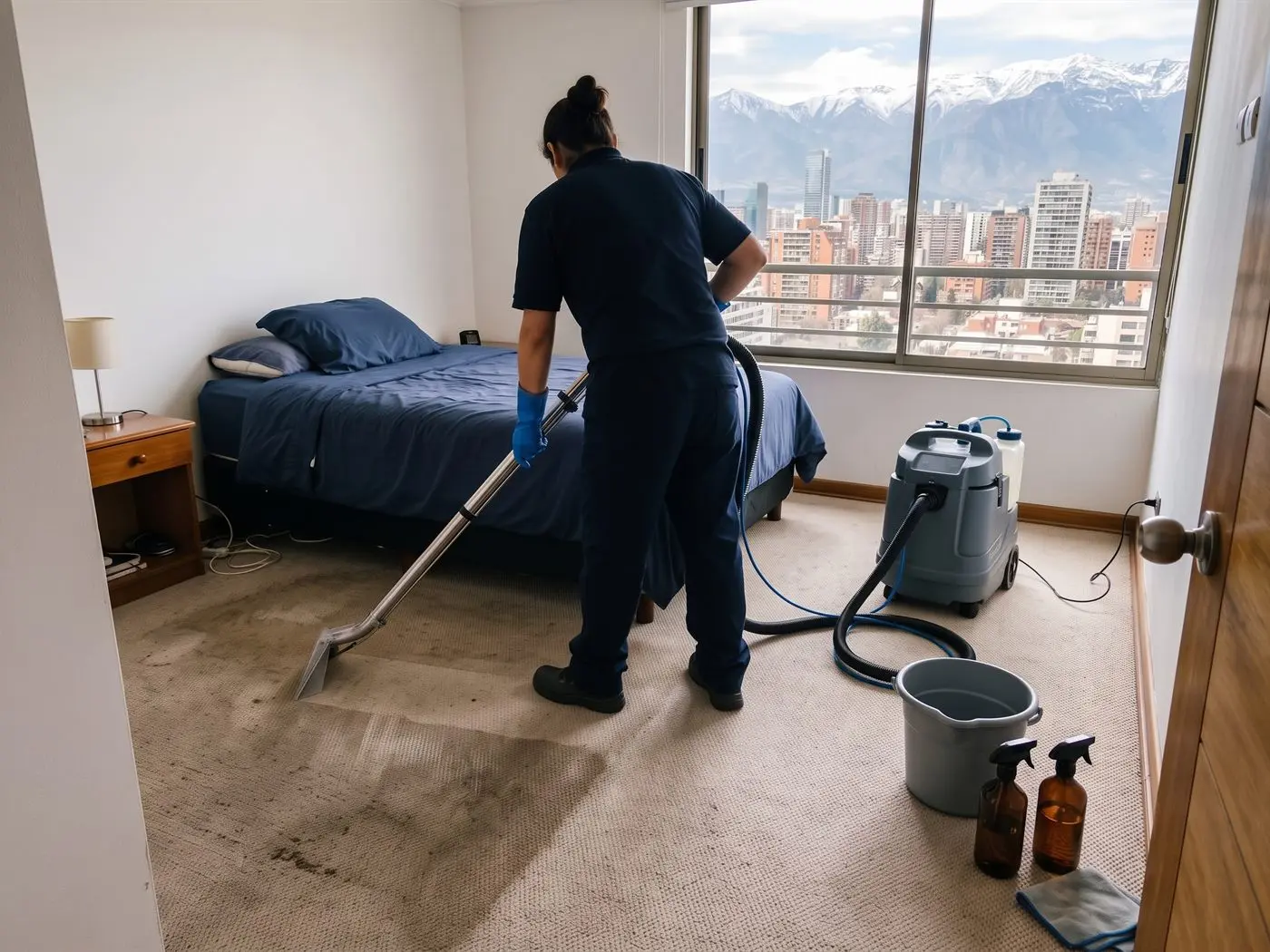 Alfombra muro a muro de dormitorio limpiada con máquina de inyección y extracción, con la cordillera de fondo