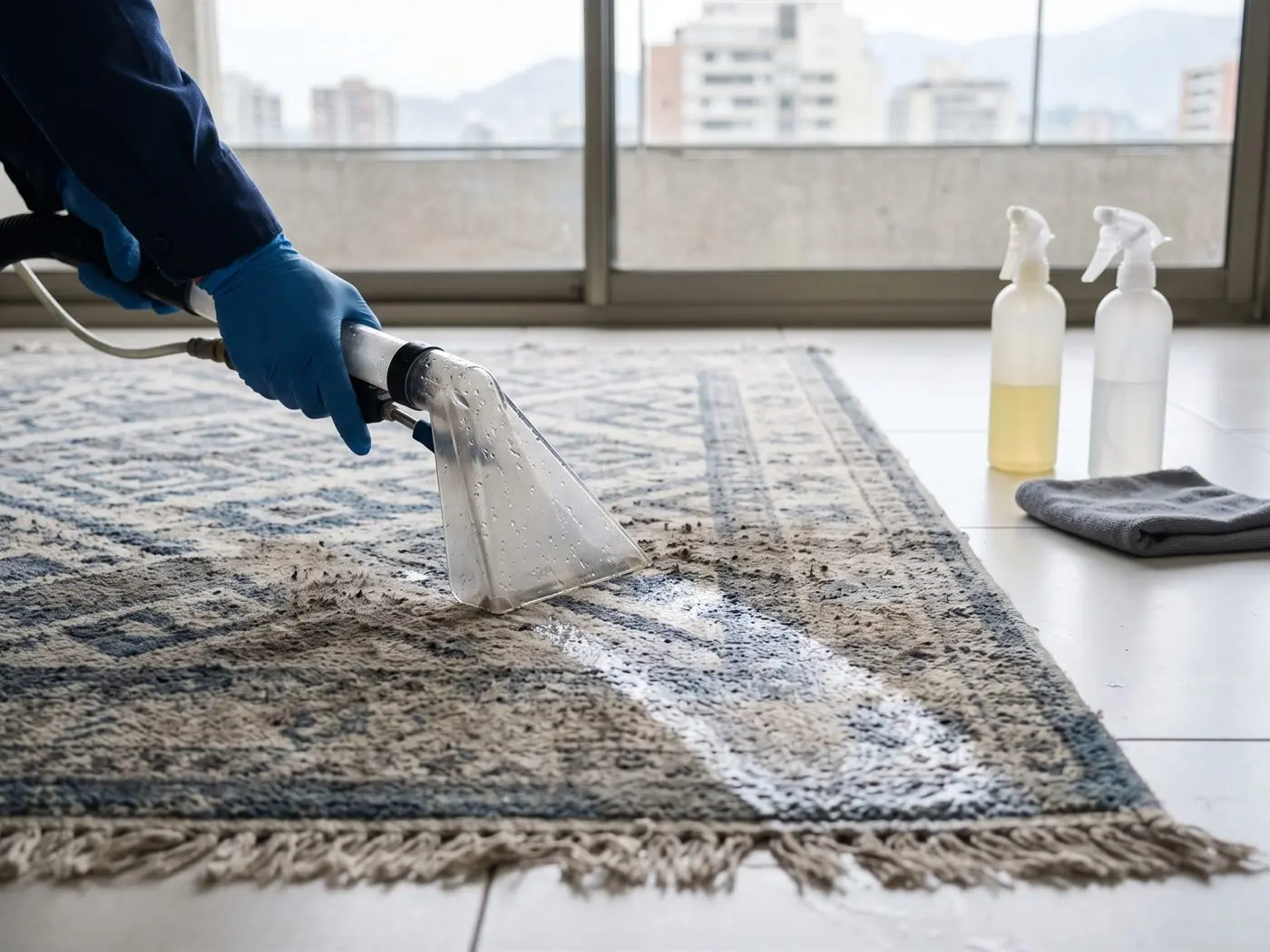 Boquilla de máquina de extracción pasa sobre una alfombra de living y deja una franja limpia