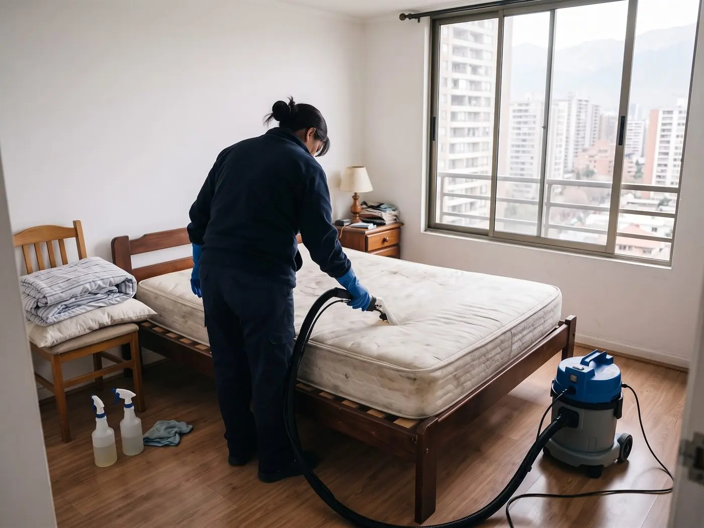 Trabajadora limpia un colchón de dos plazas con máquina de extracción en un dormitorio de departamento