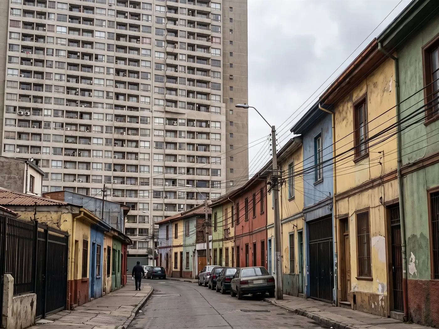 Torre de departamentos de muchos pisos junto a casas antiguas de fachada continua en Estación Central