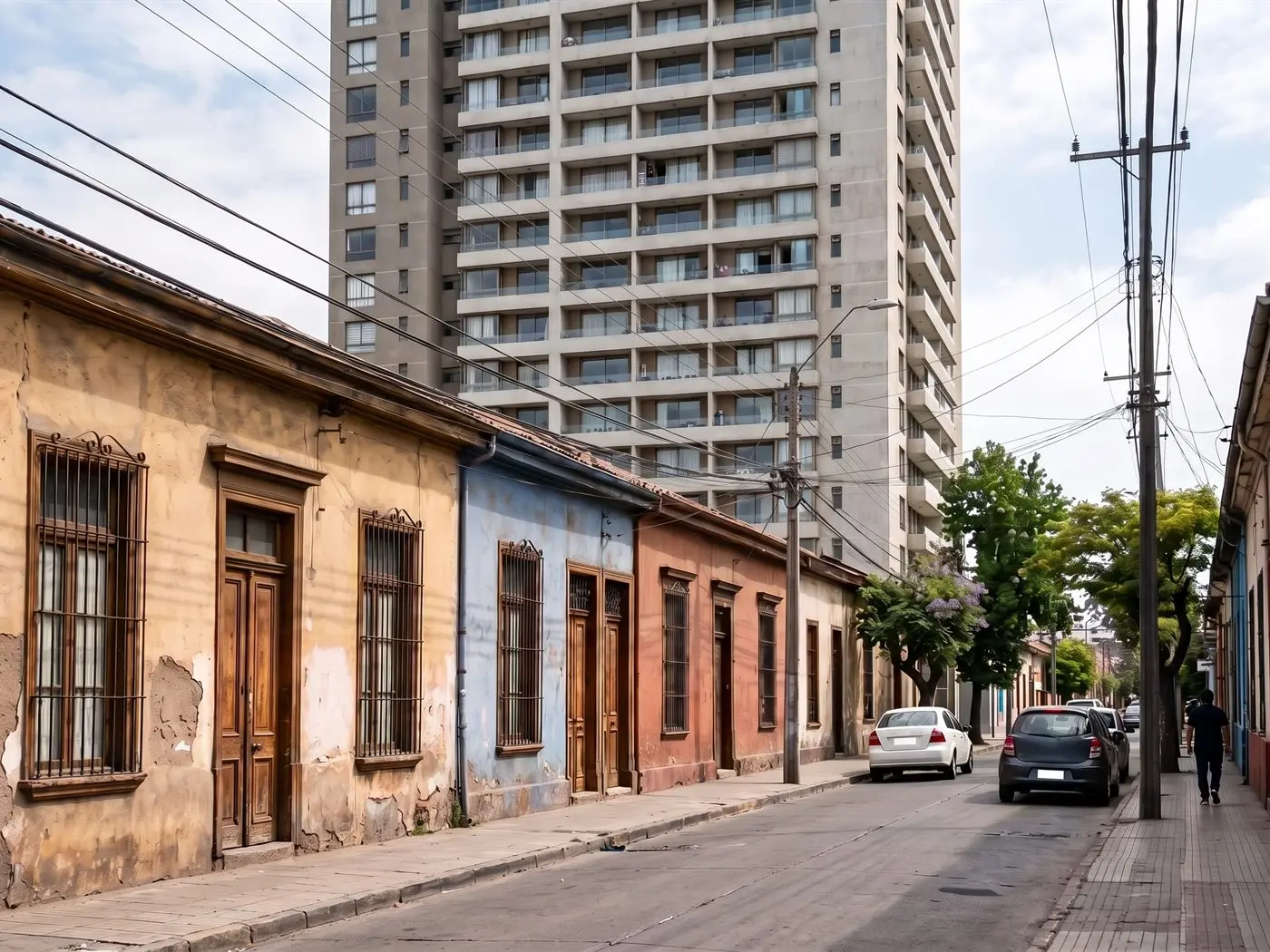 Torre nueva de departamentos junto a casas antiguas de fachada continua en una calle de Independencia