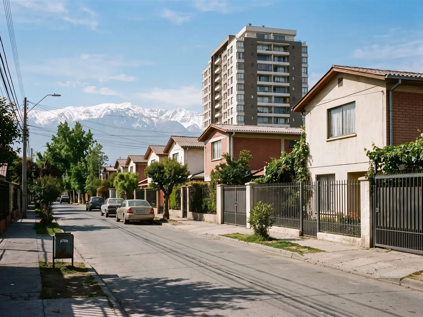 Calle de La Florida con casas de uno y dos pisos, una torre de departamentos y la cordillera