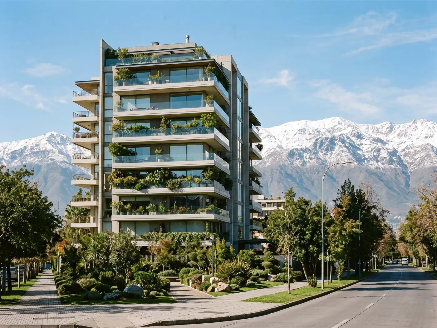 Edificio moderno de departamentos con terrazas vidriadas y jardines en Las Condes, con la cordillera nevada al fondo