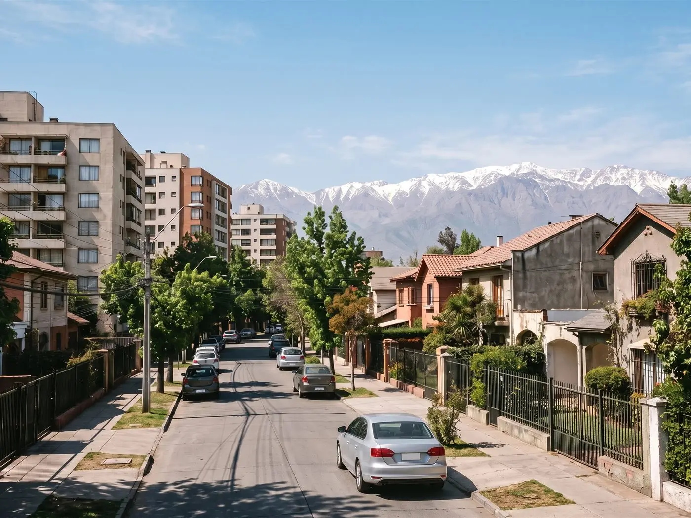 Calle tranquila de Macul con edificios de departamentos, casas con antejardín y la cordillera al fondo