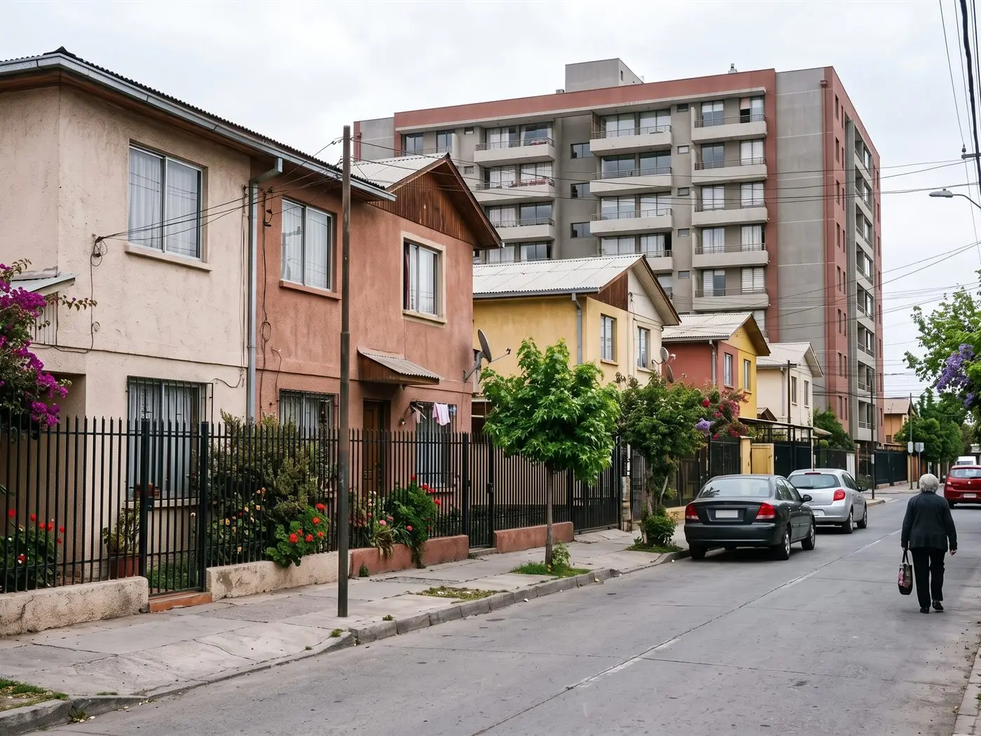 Calle de Maipú con casas de uno y dos pisos, antejardines con rejas y un edificio nuevo detrás