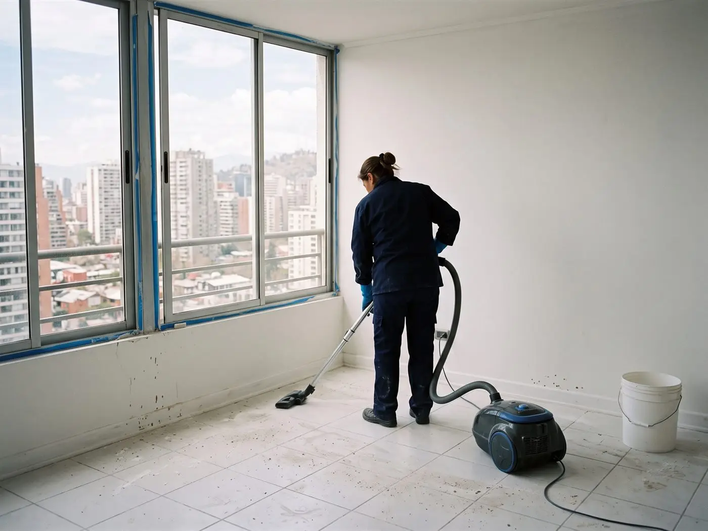 Trabajadora aspira el polvo de yeso del piso cerámico en un departamento recién remodelado en Santiago