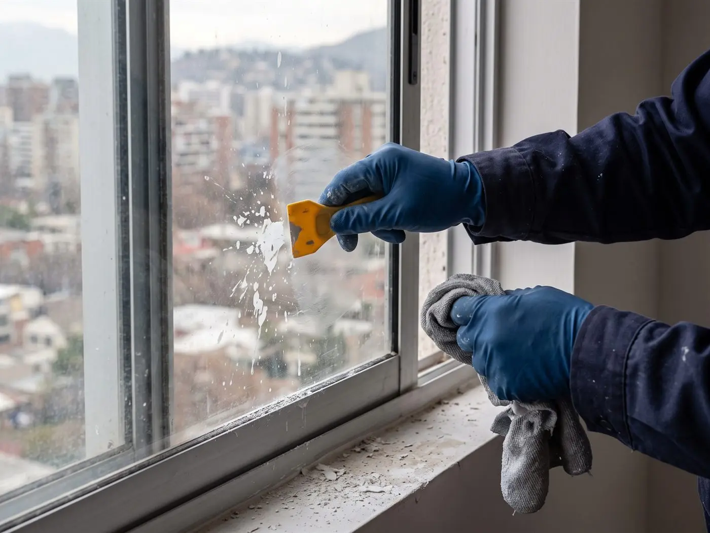 Manos con guantes retiran manchas de pintura seca del vidrio con espátula plástica y paño de microfibra
