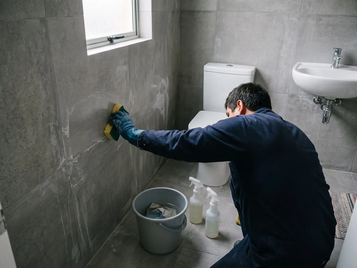 Trabajador limpia con esponja los restos de fragüe en las cerámicas grises de un baño recién remodelado