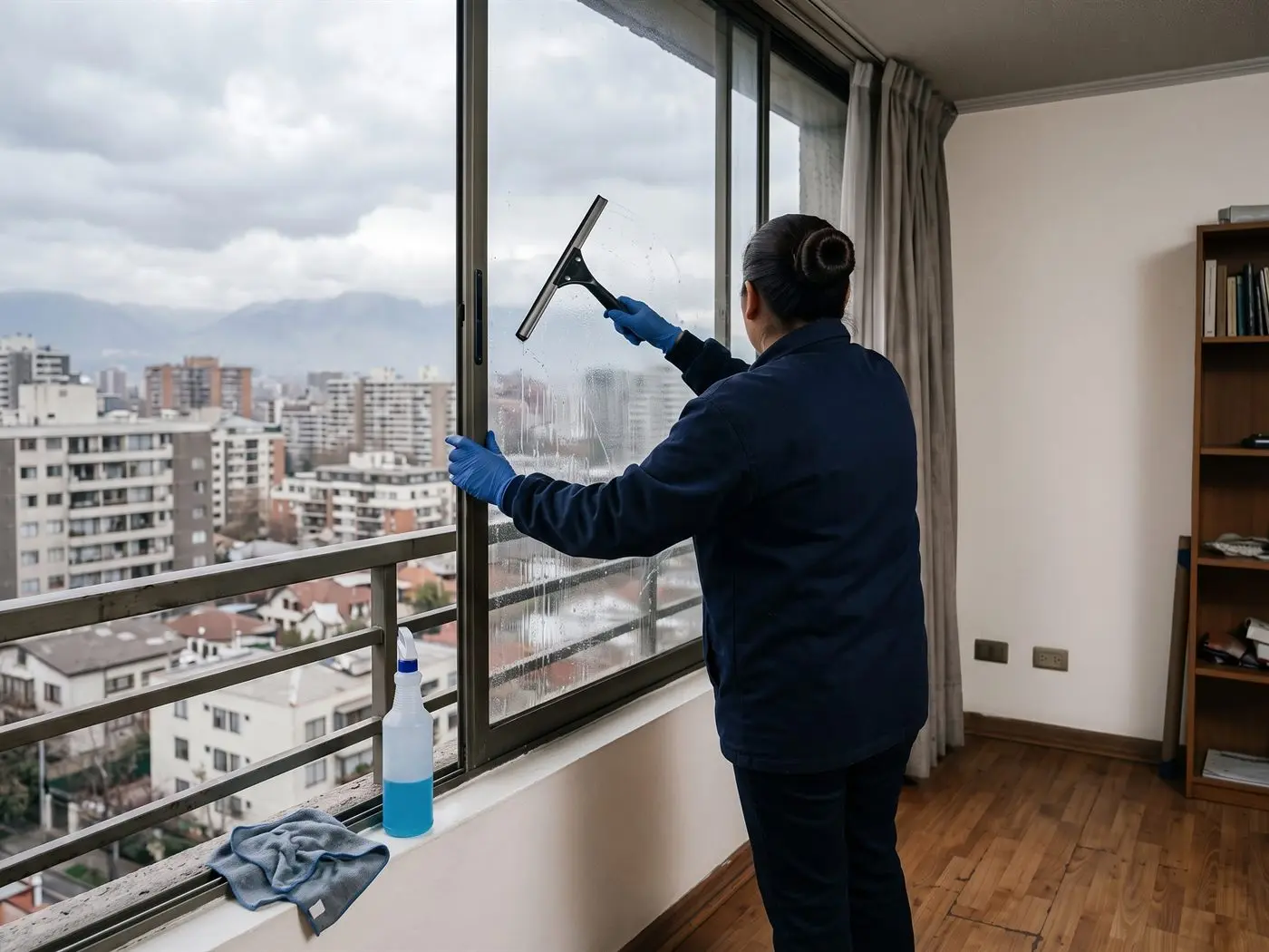 Trabajadora limpia por dentro un ventanal corredero de aluminio, con edificios de Santiago y la cordillera de fondo